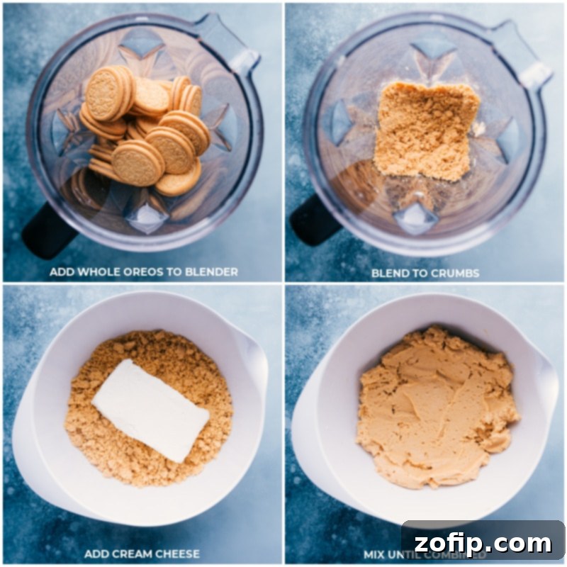 Step-by-step images showing Golden Oreos being crushed in a food processor, followed by cream cheese being added and mixed into the crumbs to form the truffle dough.