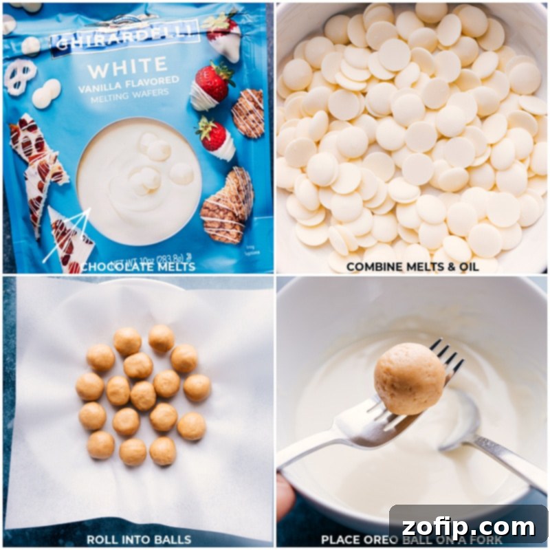 Close-up process shot of white chocolate melting wafers in a microwave-safe bowl, showing the beginning stages of melting.