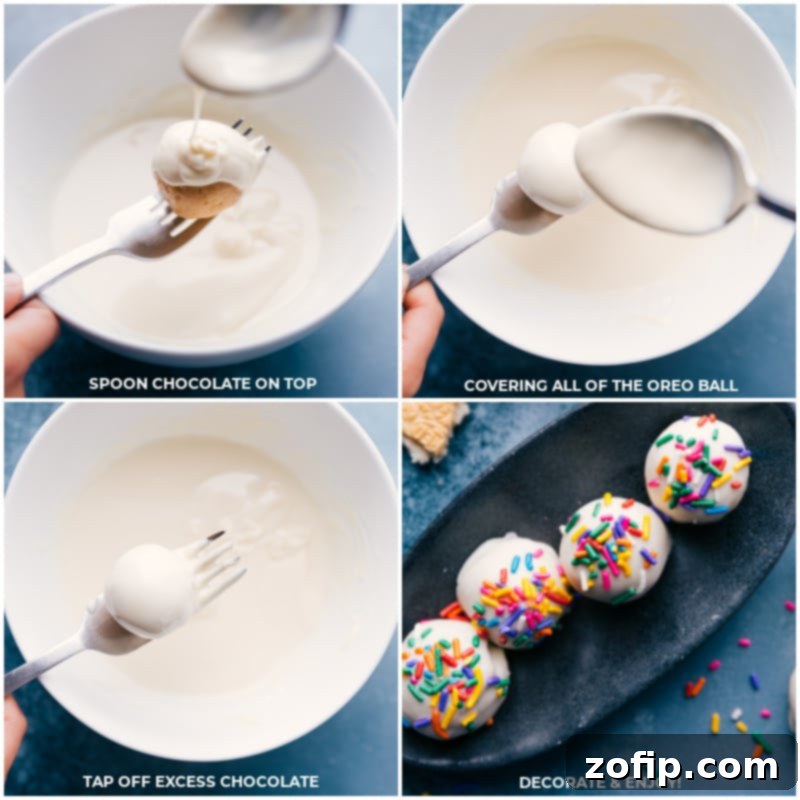 Process shots demonstrating a Golden Oreo Truffle being dipped into melted white chocolate using a fork, with excess chocolate dripping off, showcasing a smooth coating.