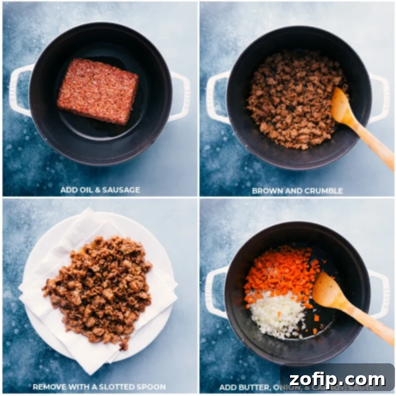 Sautéing Italian sausage, onions, and carrots to build the flavorful foundation of this hearty White Bean and Sausage Soup. Process shots showing olive oil and Italian sausage browning in a large pot, followed by melted butter, diced onion, and carrots being sautéed until tender and fragrant.