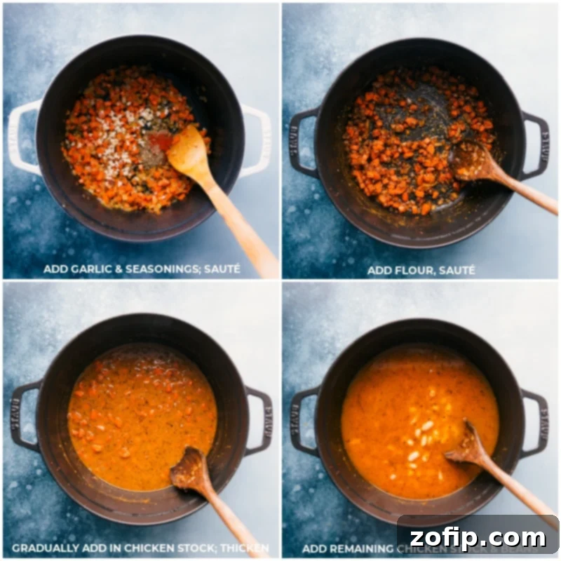 Building layers of flavor by incorporating aromatics, spices, and liquids into the simmering White Bean and Sausage Soup base. Process shots of adding minced garlic, Italian seasoning, paprika, and flour to the sautéed vegetables, followed by gradually whisking in chicken stock and adding cannellini beans to the pot.