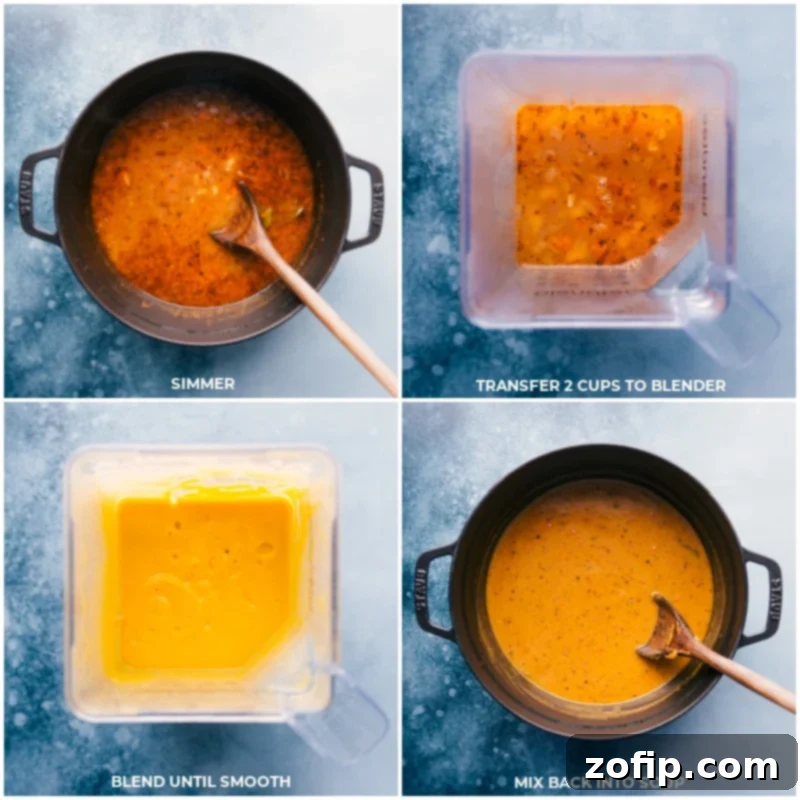 Blending a portion of the White Bean and Sausage Soup to achieve its signature creamy texture before combining with the rest. Process shots showing the soup simmering gently in the pot, a portion being transferred to a blender, and then the smooth, creamy blended soup being poured back into the pot to combine.