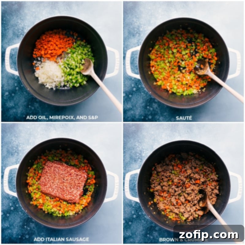 Process shots showing olive oil, finely diced mirepoix, and Italian sausage being added to a pot and cooked until browned