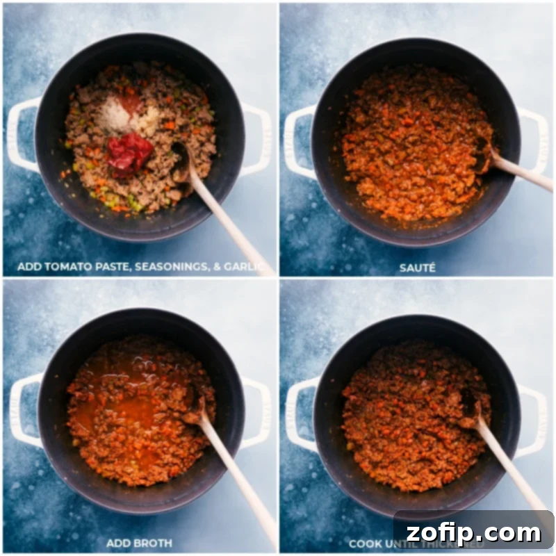 Process shots of Sausage Rigatoni showing tomato paste, seasonings, minced garlic, and chicken broth being added and simmered together