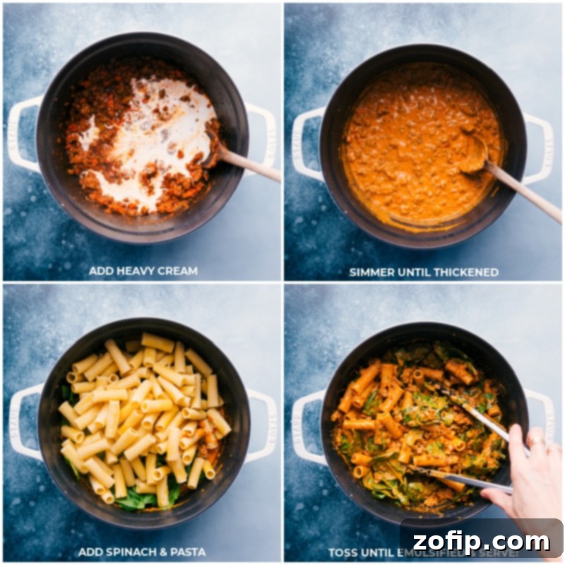Process shots showing heavy cream, fresh spinach, and cooked rigatoni pasta being added to the pot and mixed into the creamy sauce