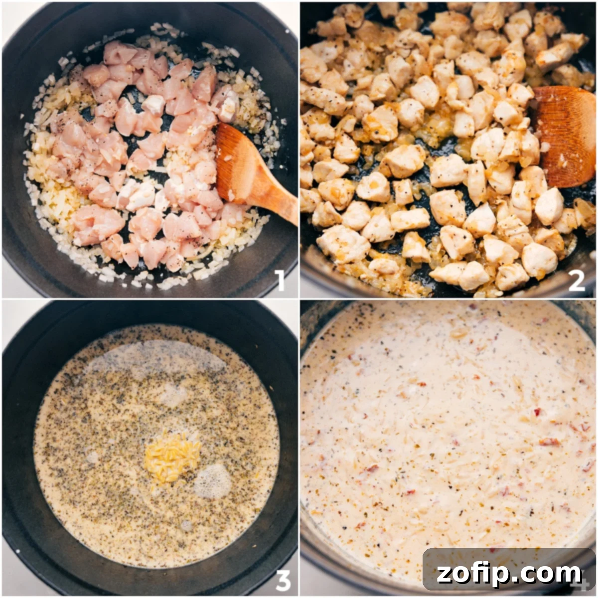 The chicken is cooking, and I’m making the cream sauce for chicken orzo.