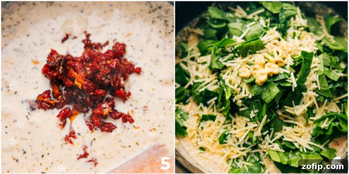 The tomatoes, cheese, and spinach being added to the cream sauce.
