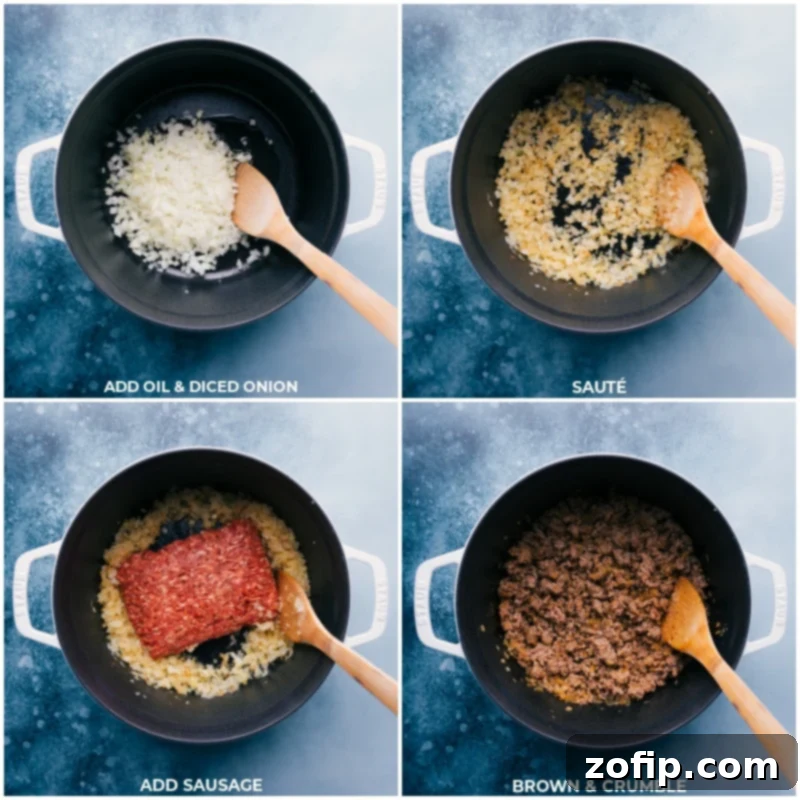 Browning Onions and Sausage for Creamy Rigatoni Sauce Process shots showing how to make creamy sausage and mushroom rigatoni. First, browning onions in olive oil, then adding Italian sausage to cook until browned, leaving delicious drippings in the pan.