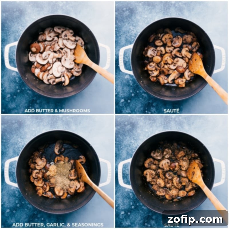Sautéing Mushrooms and Seasonings for Creamy Rigatoni Process shots of cooking the creamy sausage and mushroom rigatoni. Sautéing mushrooms in butter, then adding butter, minced garlic, and Italian seasonings to infuse the sauce with aromatic flavors.
