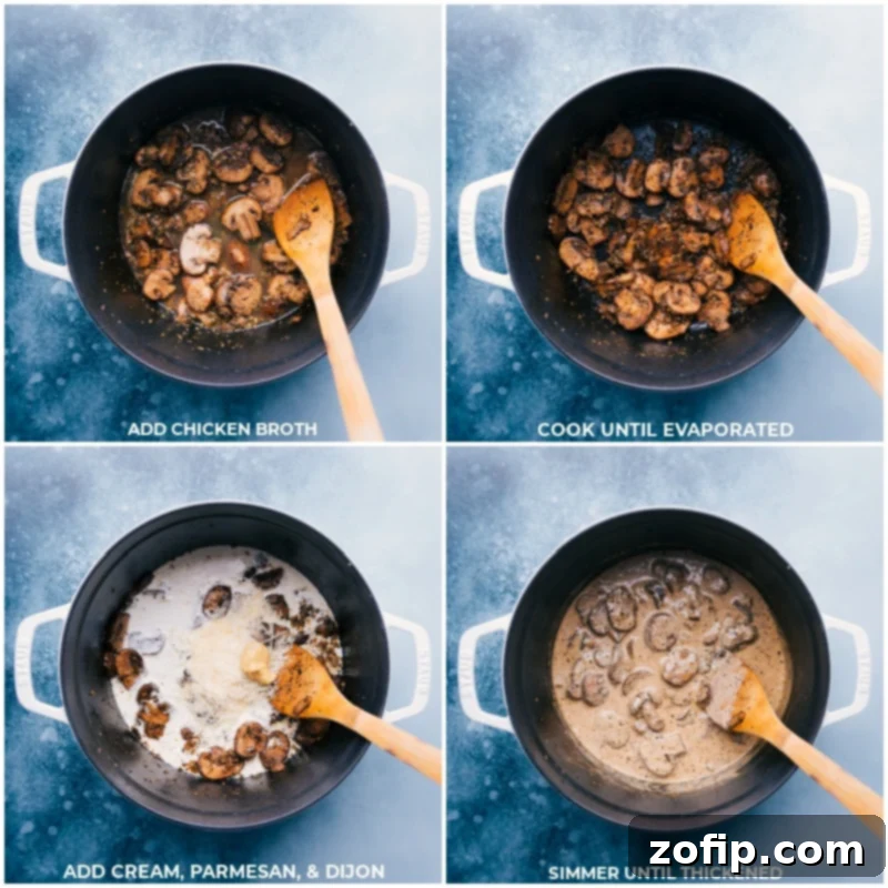 Creating the Creamy Sauce Base for Rigatoni Process shots showing the creamy sauce coming together for rigatoni. Chicken broth is added to sautéed mushrooms and cooked until evaporated, then heavy cream, Parmesan, and Dijon are simmered until thickened.