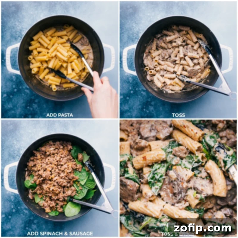 Tossing Pasta, Sausage, and Spinach into Creamy Sauce Process shots showing the final steps of creamy sausage and mushroom rigatoni. Cooked pasta is added to the pan and tossed with the creamy sauce, followed by fresh spinach and the browned sausage, tossed again until everything is well combined and the spinach is wilted.