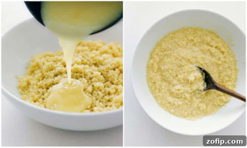 Process shots: pouring the custard into the pasta