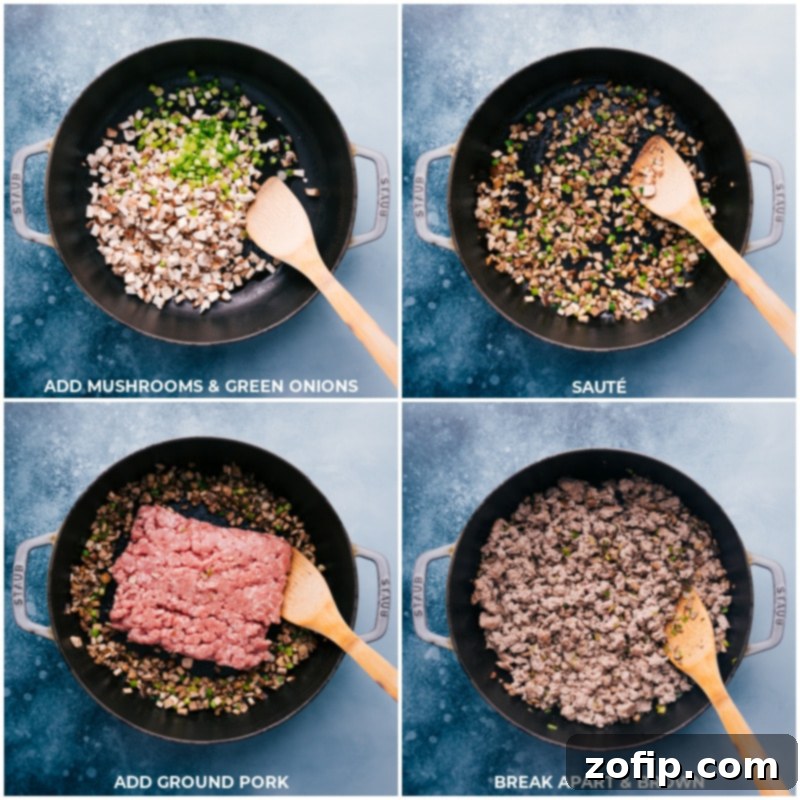 Process of browning mushrooms, green onions, and ground pork for Asian tacos