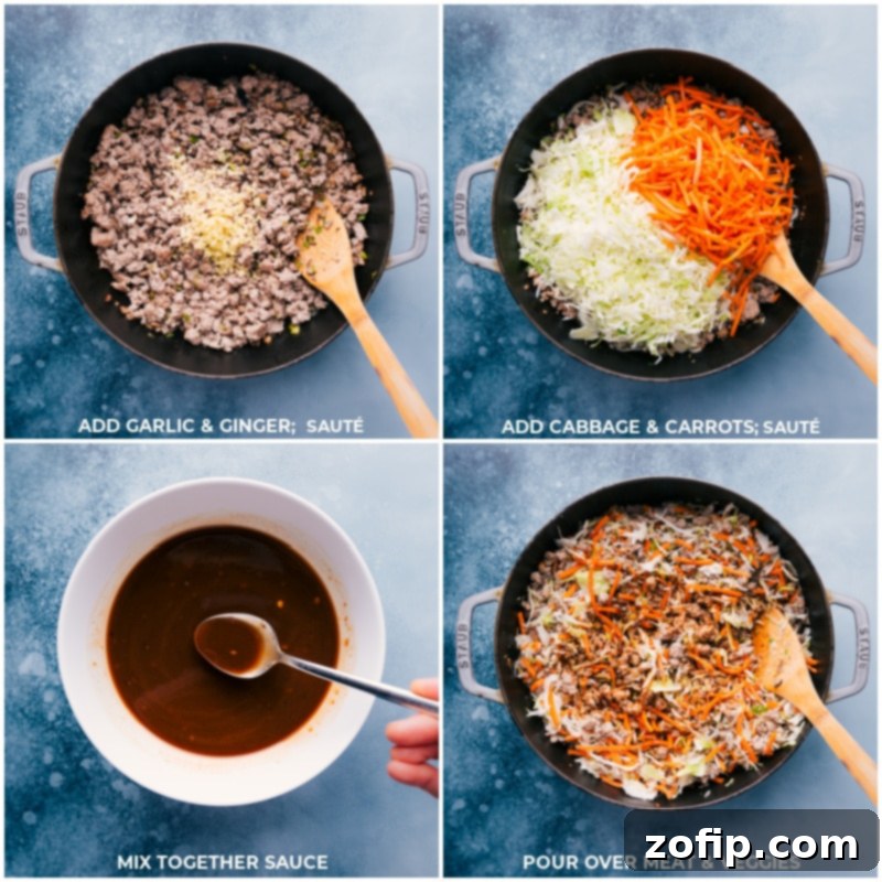Process of adding garlic, ginger, cabbage, and carrots to the pan, then mixing in the stir-fry sauce