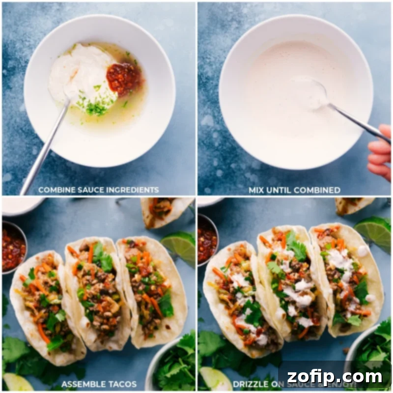 Assembling Asian Pork Tacos: filling tortillas and drizzling with spicy mayo