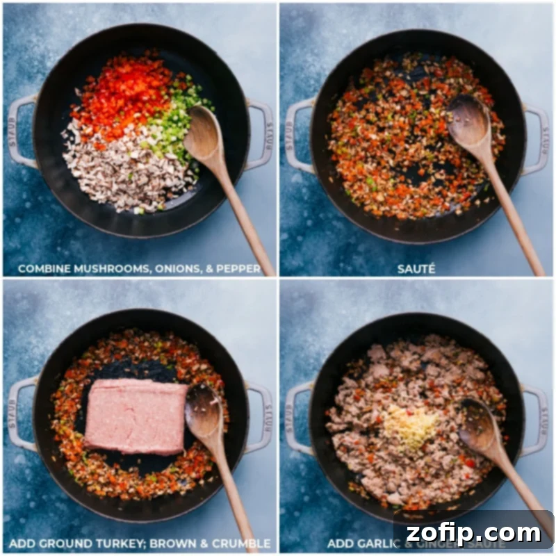 Process shots—images of vegetables being sautéed, ground turkey cooking, and garlic and ginger added to the skillet.