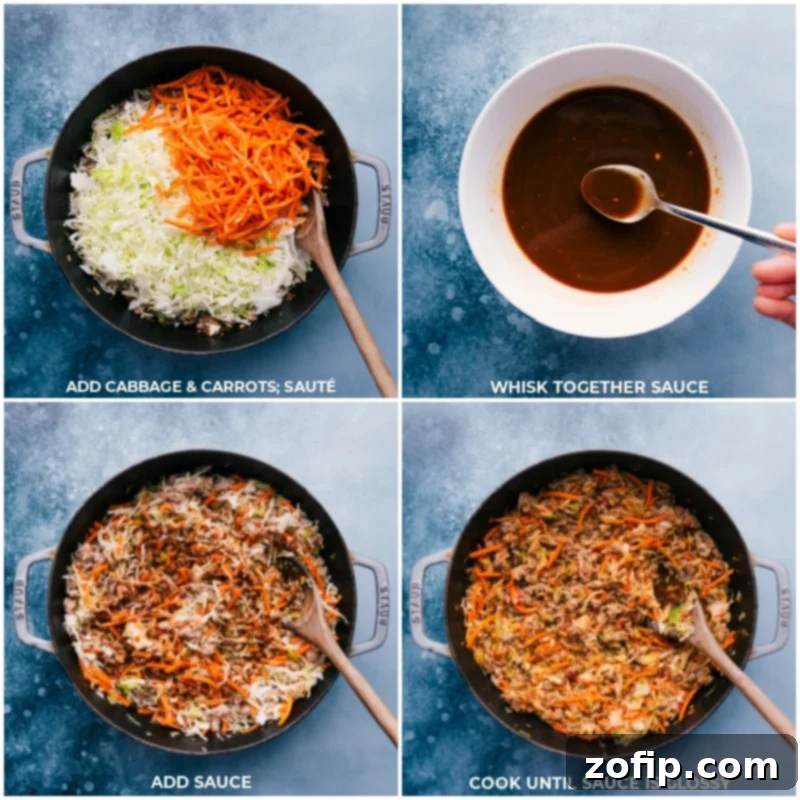 Process shots of Ground Turkey Bowls—images of cabbage and carrots being added and cooked; the stir-fry sauce being whisked; and all ingredients being cooked together.
