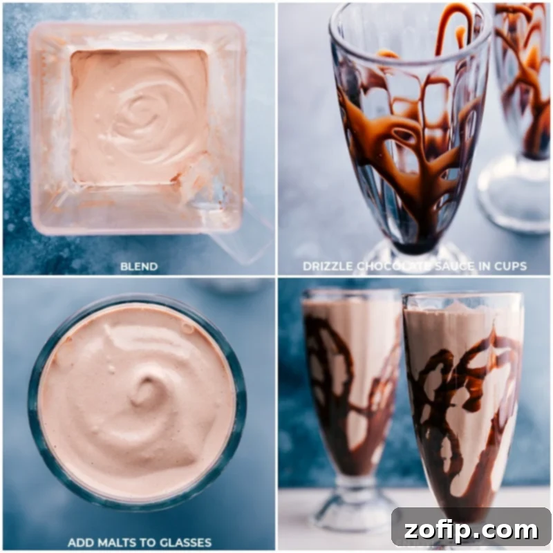 Process shot of a malted milkshake being blended and then poured into a chocolate-drizzled glass.