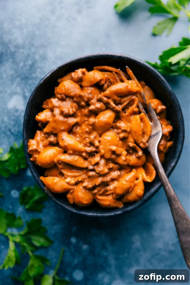 Creamy Beef and Shells: A delicious, homemade comfort food upgrade Overhead image of Creamy Beef and Shells in a bowl, garnished with fresh herbs