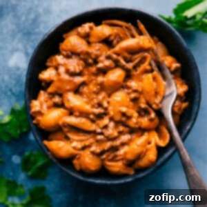 Quick & Easy Creamy Beef and Shells Recipe Creamy Beef and Shells in a bowl with a spoon