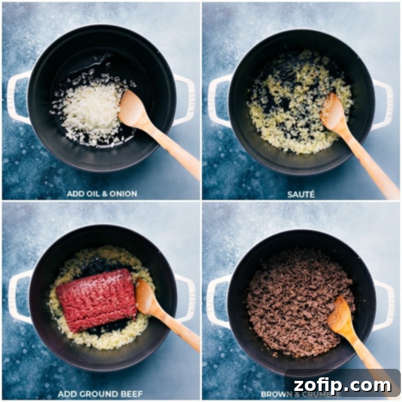 Browning ground beef and onions for the ultimate creamy beef and shells Process shots showing browning onion and ground beef for creamy beef and shells