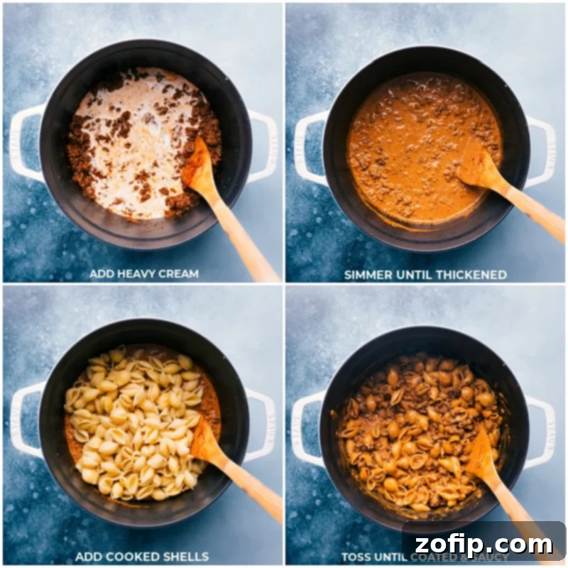 Adding heavy cream and cooked pasta to the rich beef sauce Process shots showing adding heavy cream and cooked shells to the sauce base