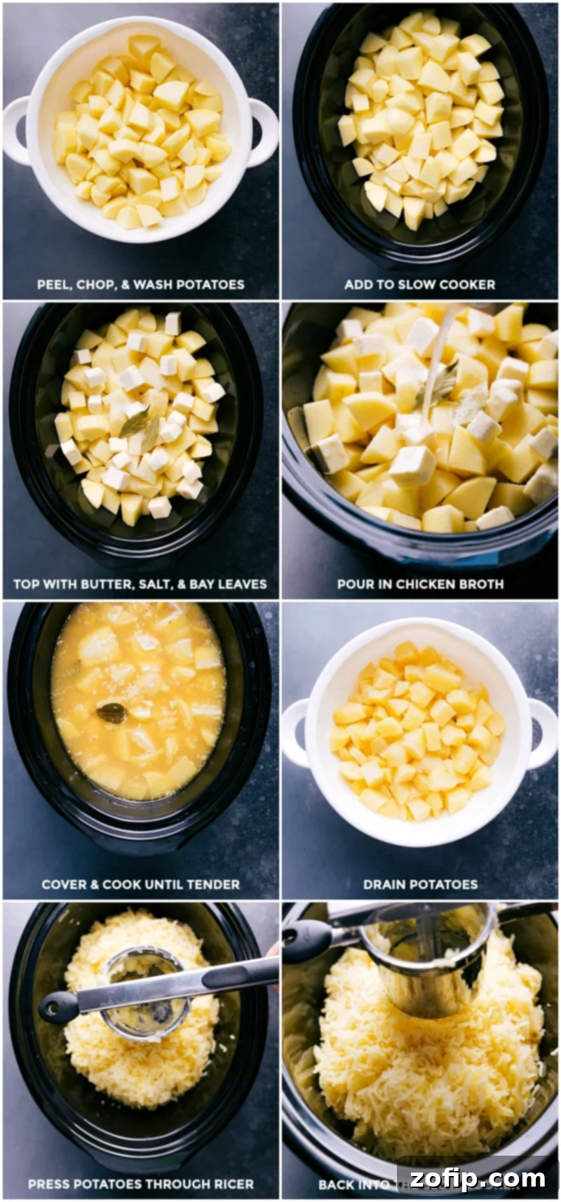 Preparing Creamy Crockpot Mashed Potatoes: Cooking and Ricing Process Chopped potatoes being added to a slow cooker with butter, salt, bay leaves, and chicken broth, then cooked, drained, pressed through a ricer, and returned to cooker.