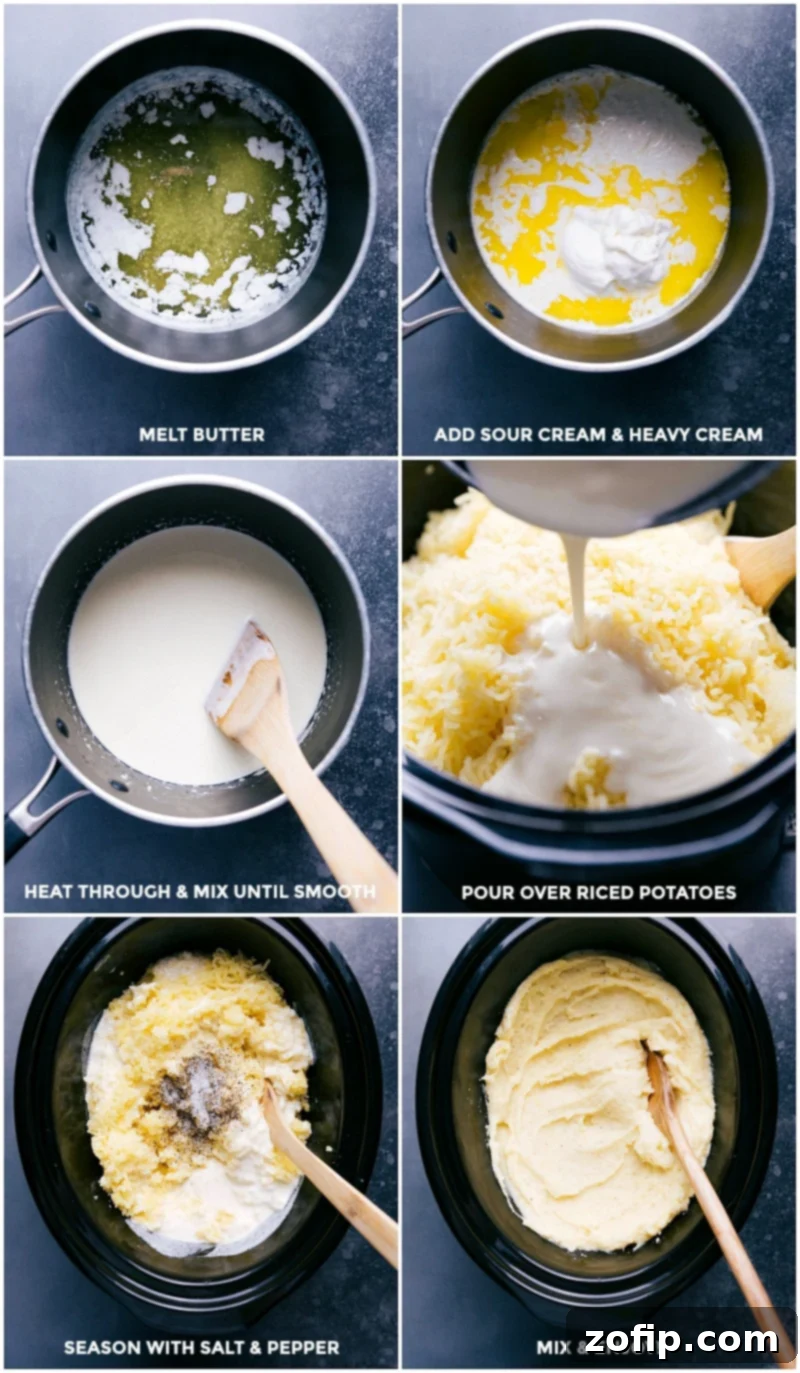 Finishing Creamy Mashed Potatoes: Adding Cream Sauce and Seasoning Cream sauce being prepared and added to mashed potatoes, seasoned with salt and pepper, mixed together and ready to serve.