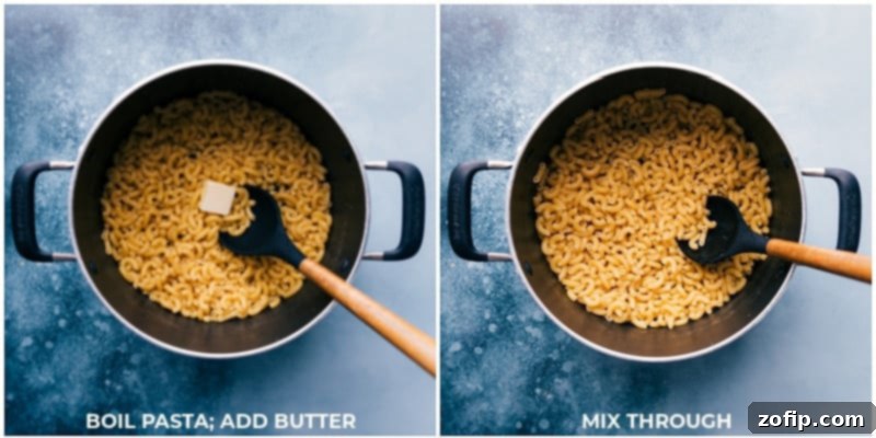 Process shots showing pasta being added to a large pot, followed by melted butter being stirred in.