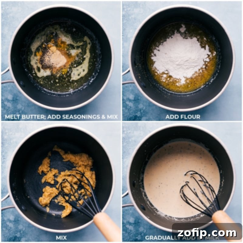 Process shots showcasing the preparation of the cheese sauce: melted butter, seasonings, and flour being mixed, followed by gradual addition of milk.