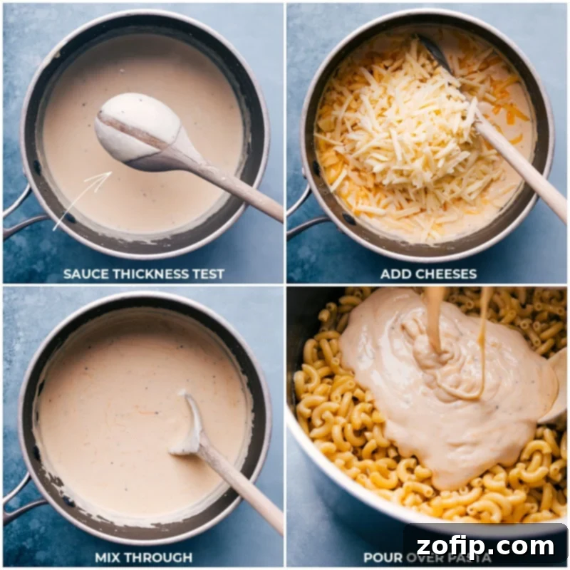 Process shots depicting the cheese being added to the creamy sauce mixture, then the combined sauce being poured over cooked pasta.