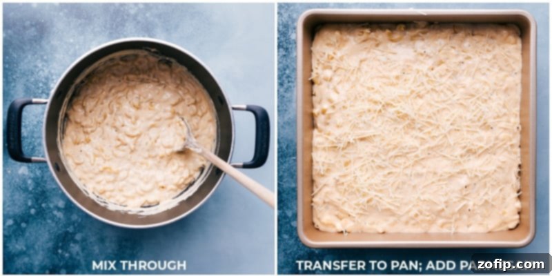 Process shots showing the mac and cheese being mixed thoroughly, then transferred to a baking pan and topped with Parmesan cheese.