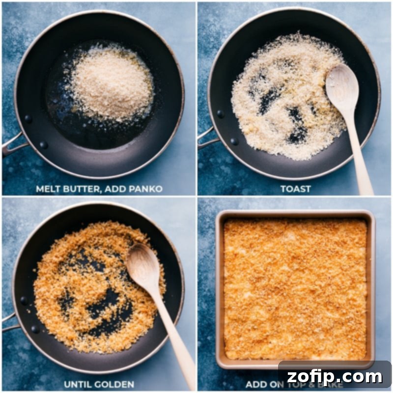 Process shots showing the panko topping being toasted to a golden brown in a skillet and then sprinkled evenly over the mac and cheese dish.