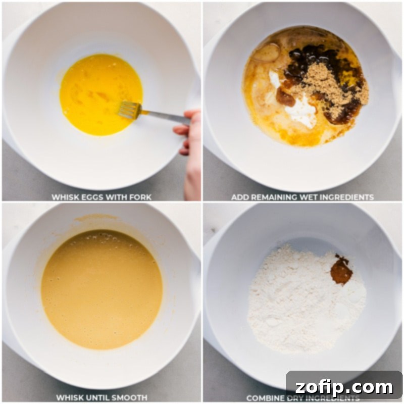 Wet and dry ingredients being carefully mixed in separate bowls, preparing for the mini muffin batter.