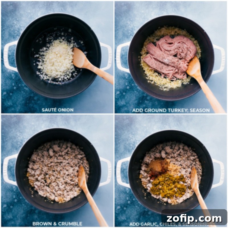 The best White Turkey Chili: a thick, hearty, and healthy recipe featuring lean ground turkey, tender white beans, crisp corn, and fire-roasted green chiles. Recipe via ChelseasMessyApron.com #chili #whitechili #groundturkey #healthier #greenchiles #cozy #comfortfood Process shots showing sautéing onion and ground turkey, then adding in seasonings for the White Turkey Chili.