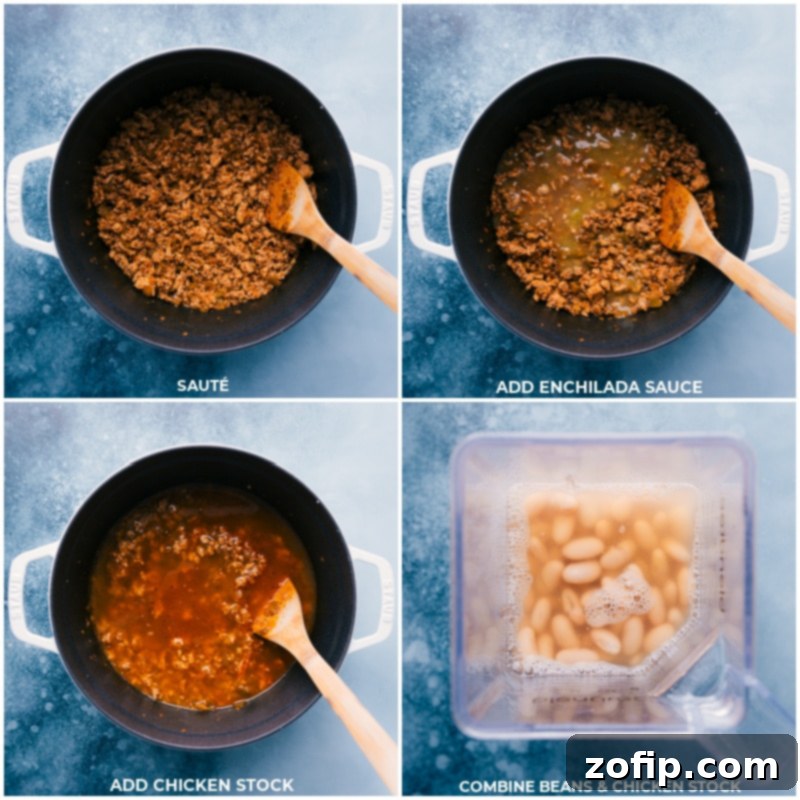 Our favorite White Turkey Chili is thick, hearty, and filled with good-for-you ingredients like lean ground turkey, tender white beans, crisp corn, and fire-roasted green chiles. Recipe via ChelseasMessyApron.com #chili #whitechili #groundturkey #healthier #greenchiles #cozy #comfortfood Process shots showing adding enchilada sauce and chicken stock, then preparing to blend some of the beans to thicken the chili.