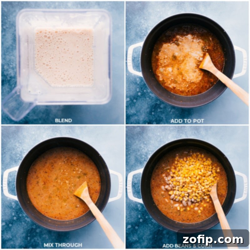 White Turkey Chili is thick, hearty, and filled with good-for-you ingredients like lean ground turkey, and tender white beans, ensuring a satisfying meal. Recipe via ChelseasMessyApron.com #chili #whitechili #groundturkey #healthier #greenchiles #cozy #comfortfood Process shots showing blending beans with stock, adding to the pot, and then adding in whole beans and corn to the simmering chili.