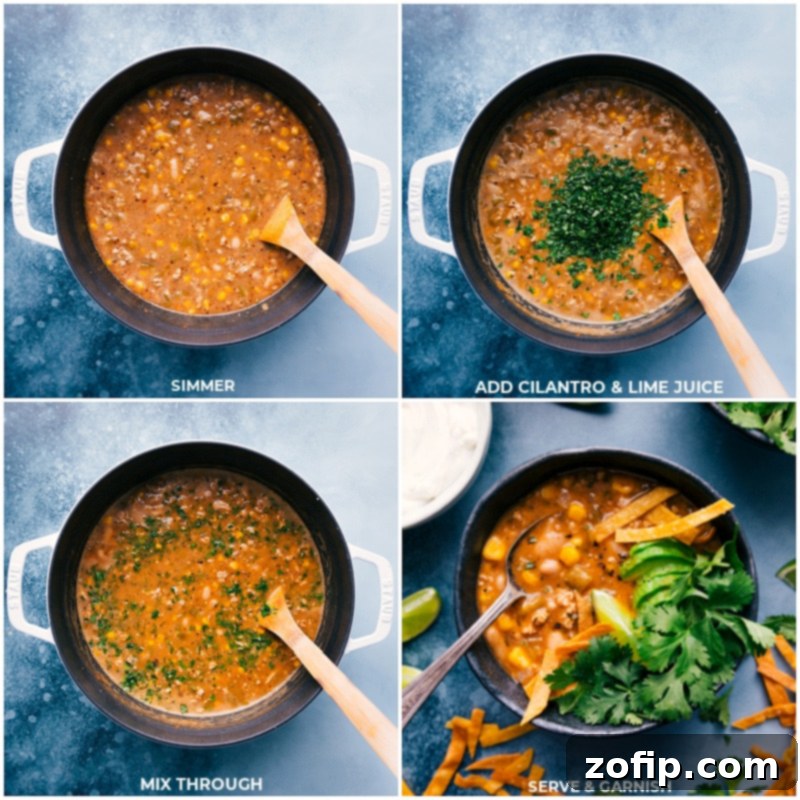 Healthy White Turkey Chili is thick, hearty, and filled with good-for-you ingredients like lean ground turkey, tender white beans, crisp corn, and fire-roasted green chiles, offering a perfect healthy comfort meal. Recipe via ChelseasMessyApron.com #chili #whitechili #groundturkey #healthier #greenchiles #cozy #comfortfood Simmering white turkey chili, then adding cilantro and lime juice, mixing well before serving with various toppings.