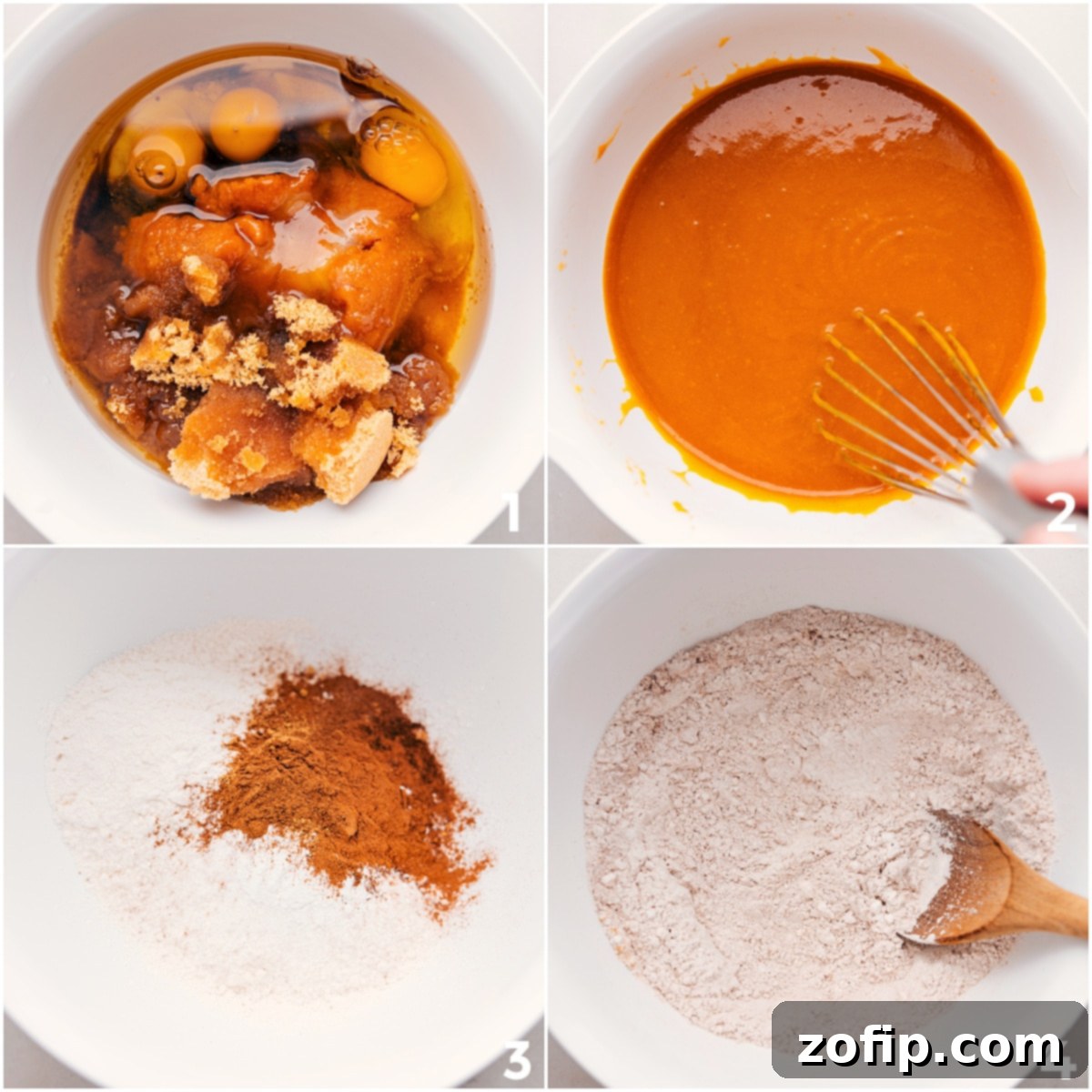 Step-by-Step Guide: How to Make Pumpkin Bars The process of mixing the wet and dry ingredients for homemade pumpkin bars, showing the smooth, combined batter ready for baking.