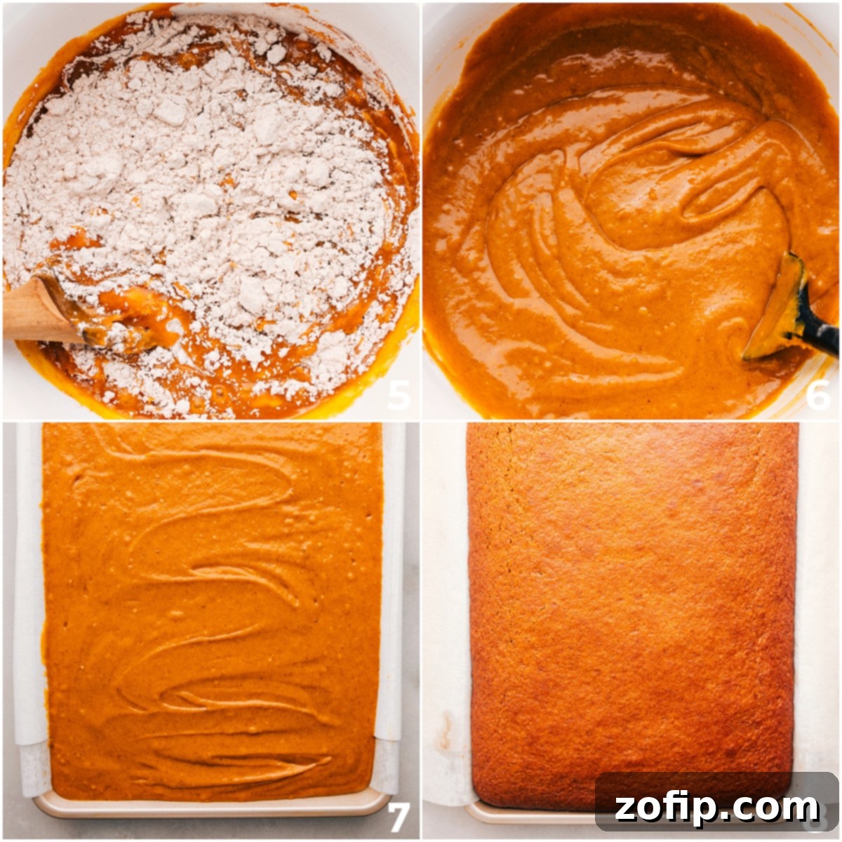 Baking Up Delicious Pumpkin Bars The process of preparing and baking the pumpkin bars, from mixing ingredients to spreading the batter in a pan and the finished baked product.