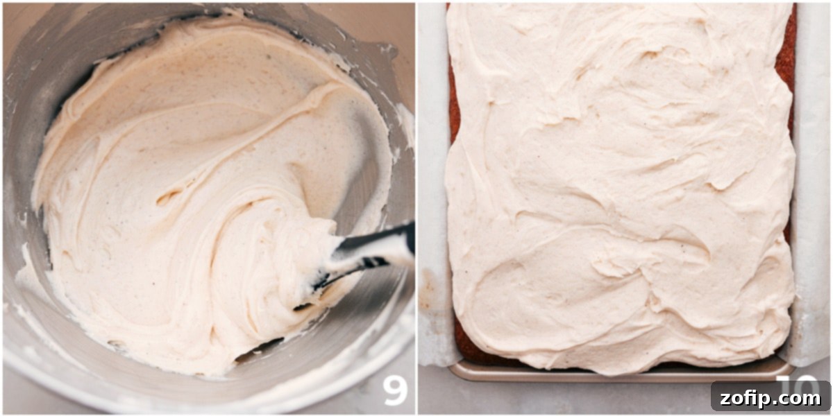 How to Make Perfect Cream Cheese Frosting Creamy cinnamon cream cheese frosting being mixed and then spread evenly over baked pumpkin bars, creating a delightful topping.