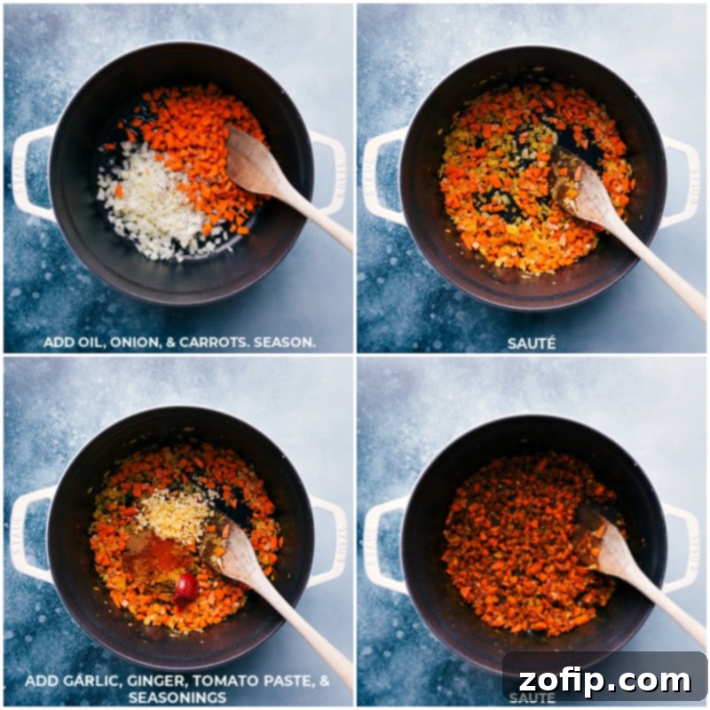 Building the Flavor Base for Chickpea Soup Step-by-step process images showing coconut oil, onion, carrots, garlic, ginger, tomato paste, and spices being sautéed for the chickpea soup base