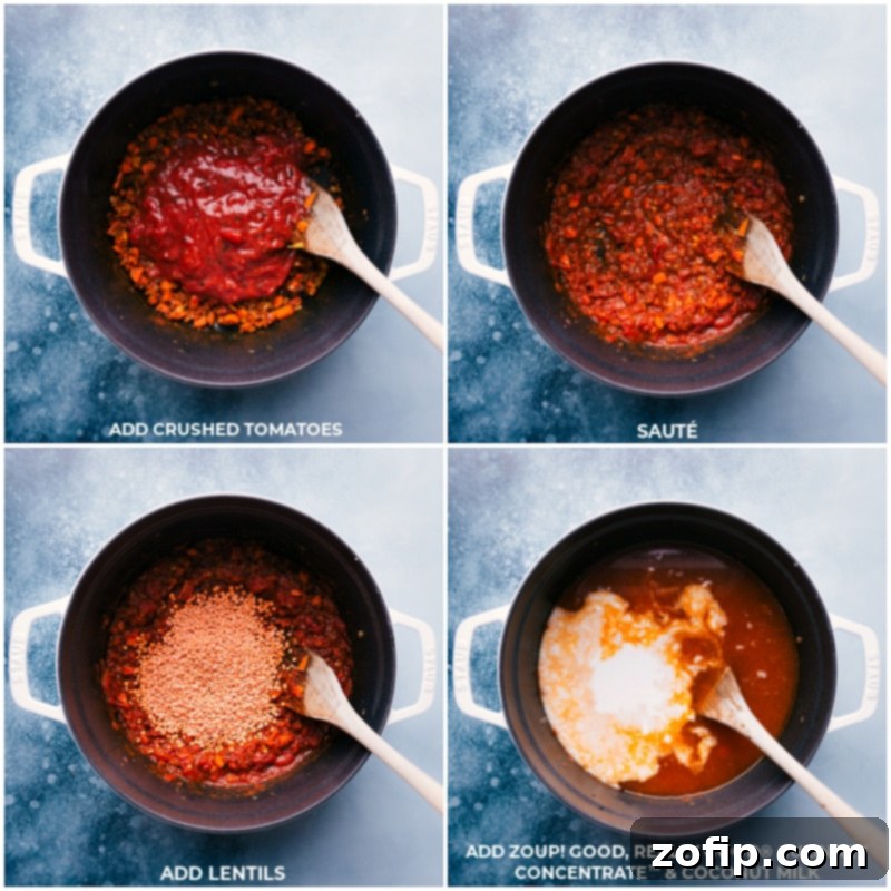 Adding Liquids and Lentils to the Chickpea Soup Process shots of crushed tomatoes, red lentils, vegetable broth, and full-fat coconut milk being added to the simmering chickpea soup base