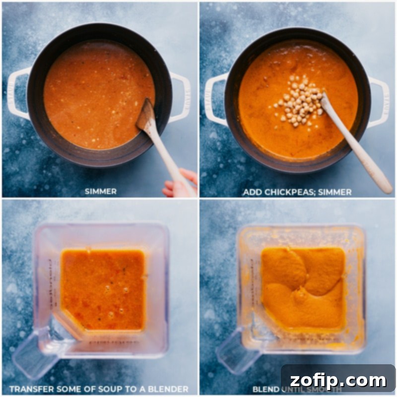 Finishing Touches: Chickpeas and Blending Process shots demonstrating the addition of chickpeas and the blending of a portion of the chickpea soup for a creamy texture
