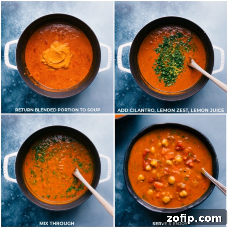 Final Seasoning and Garnish of Chickpea Soup Process shots showcasing the final stages of the chickpea soup preparation, with cilantro, lemon zest, and lemon juice being stirred in