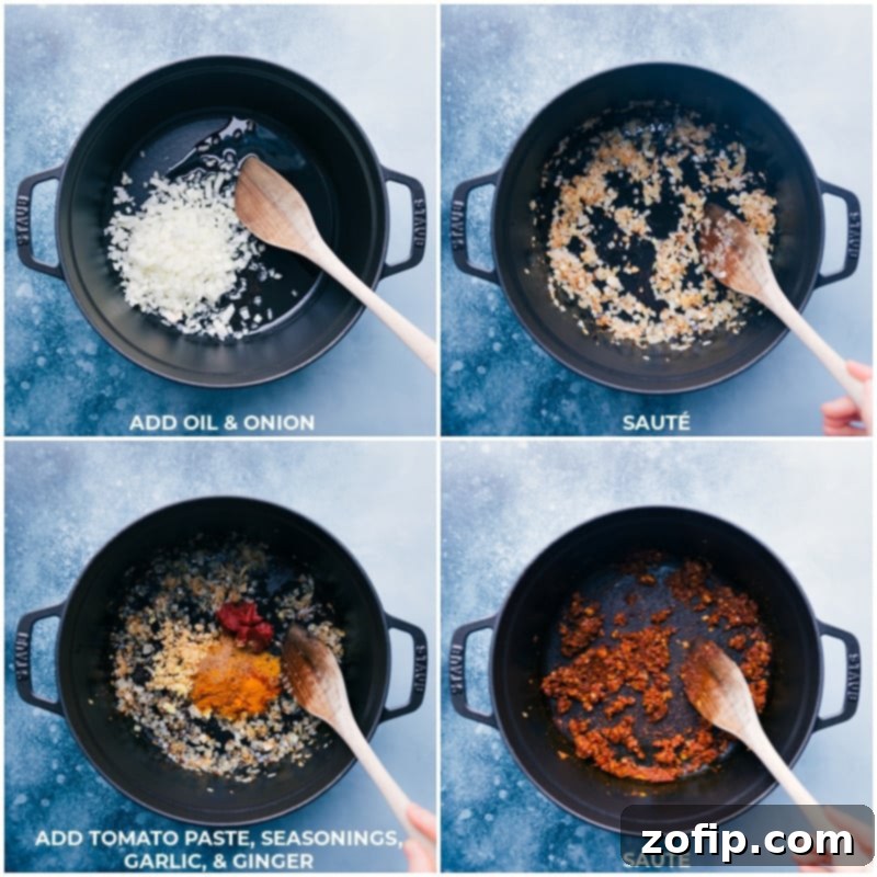 Immune-Boosting Daal Lentil Recipe 4 Process shots showing how to sauté onion in oil, then add tomato paste and seasonings, continuing to sauté until fragrant.