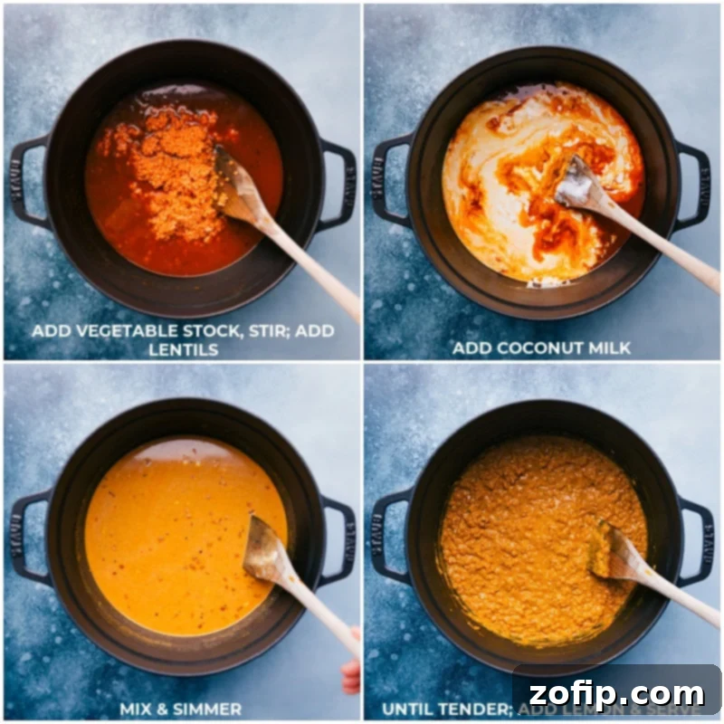 Immune-Boosting Daal Lentil Recipe 5 Process shots of Daal: adding vegetable stock to the pan, stirring in rinsed lentils, adding full-fat coconut milk, mixing well, and simmering until the lentils are tender and creamy.