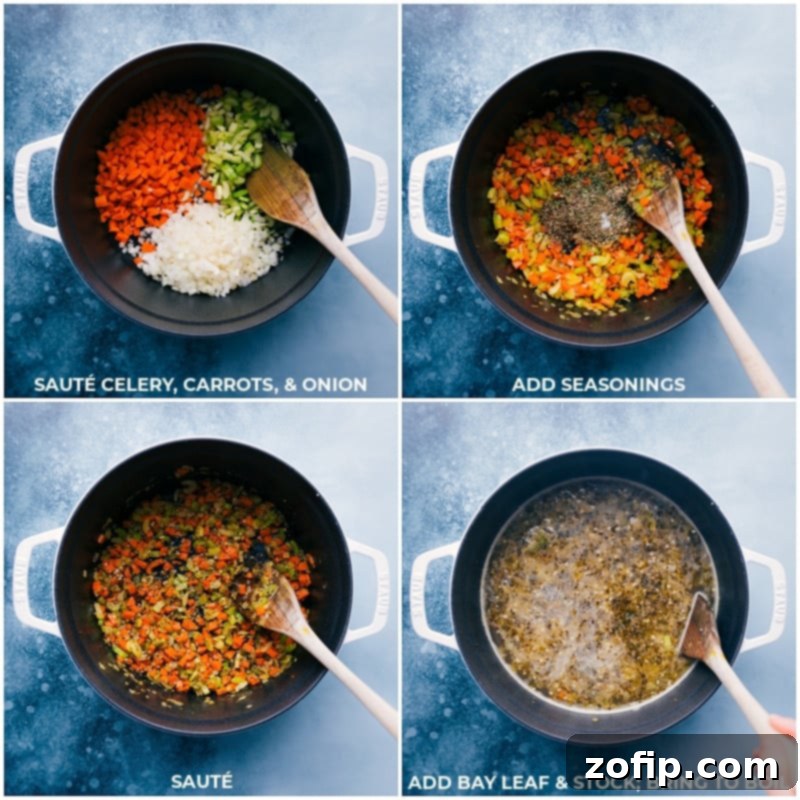 Visual guide: Preparing Vegetable-Noodle Soup, starting with sautéing vegetables for maximum flavor. Recipe via ChelseasMessyApron.com Step-by-step process of making vegetable noodle soup, showing sautéing of celery, carrots, and onion, adding seasonings, and simmering with stock.