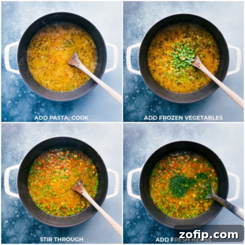 Completing the Vegetable-Noodle Soup: Adding orzo, frozen veggies, and finishing with fresh herbs for a delicious one-pot meal. Recipe via ChelseasMessyApron.com Final stages of Vegetable Noodle Soup preparation, showing the addition of pasta, frozen vegetables, and fresh herbs, ready for serving.