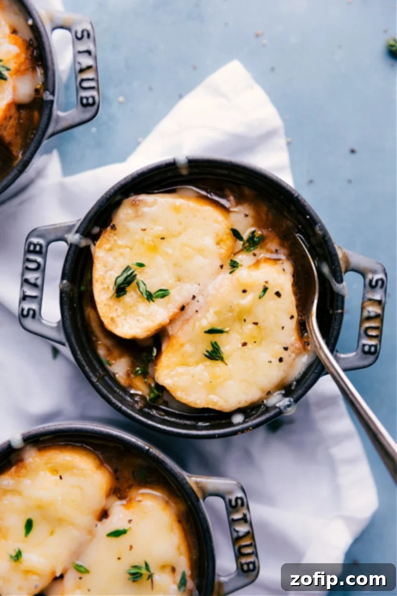 Overhead image of the French Onion Soup with melted cheese and croutons